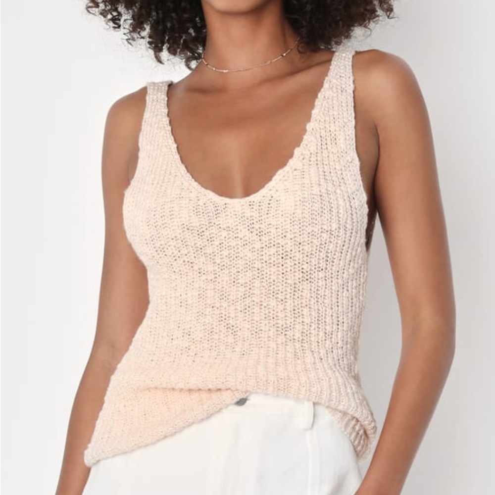 Cream Knit V Neck Tank Top
